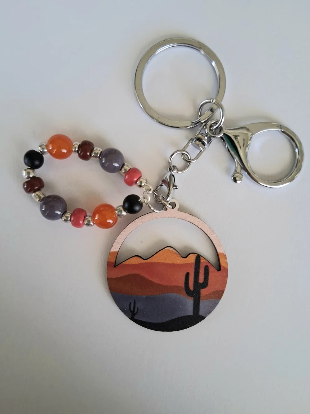 Desert Sunset Beaded Keychain with Cactus Pendant in Silver Tones